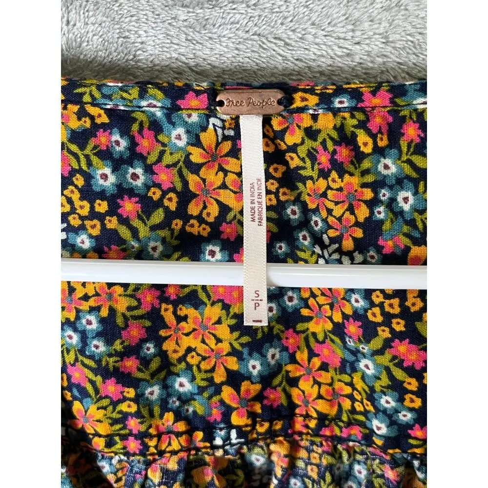 Free People Floral Peplum Blouse Women's Small Puff Sleeve Button Front Boho